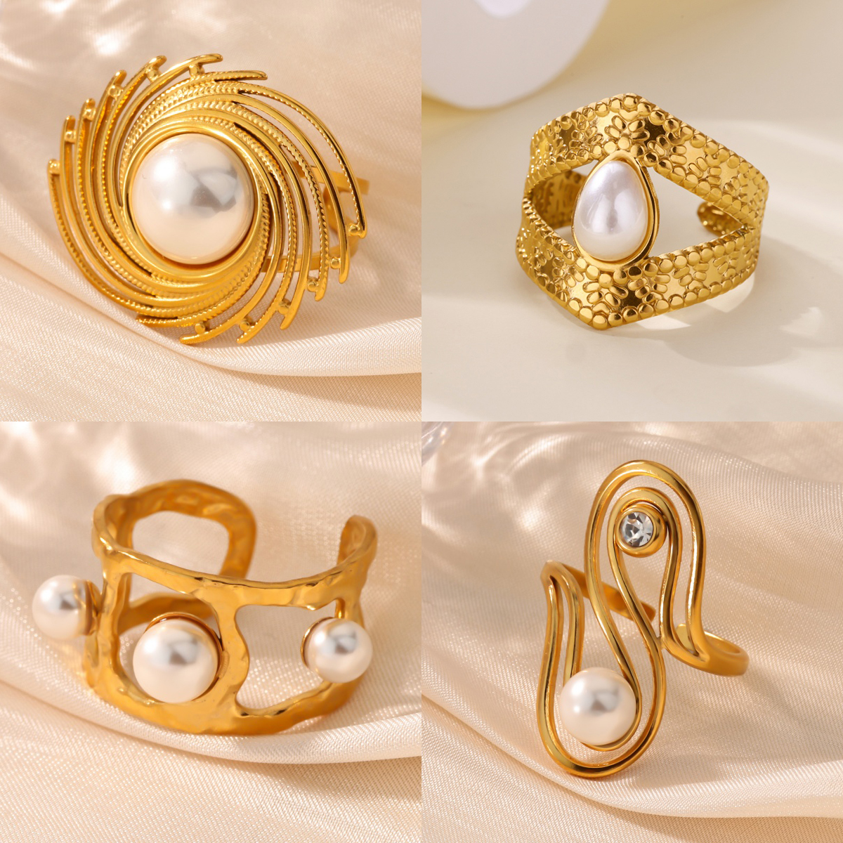 Luxury Imitation Pearl Geometric Ring For Women Stainless Steel Gold Color Ring New Fashion Wedding Couple Jewelry