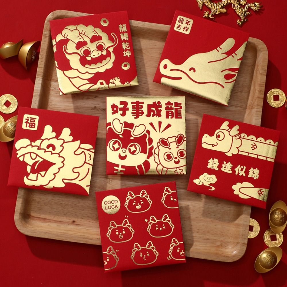 6Pcs Chinese Red Envelopes New Year Money Packing Bag Gold Stamping Emboss Hongbao Spring Festival Red Packets Decoration