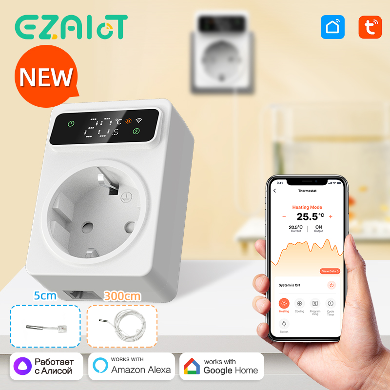 Tuya Smart Socket Thermostat WiFi Digital Plug Temperature Controller Cooling Heating Electricity Monitoring Voice Alexa