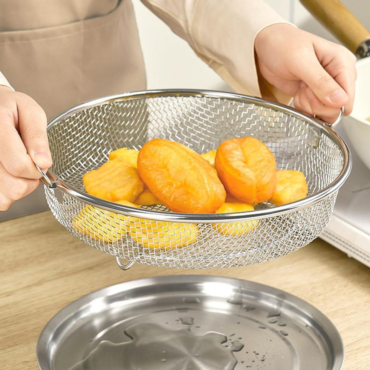 Generic Fruit Vegetable Drain Basket Mesh Strainer Sturdy Large Capacity Multifunction Stainless Steel Colander Sieve Container,30Cm