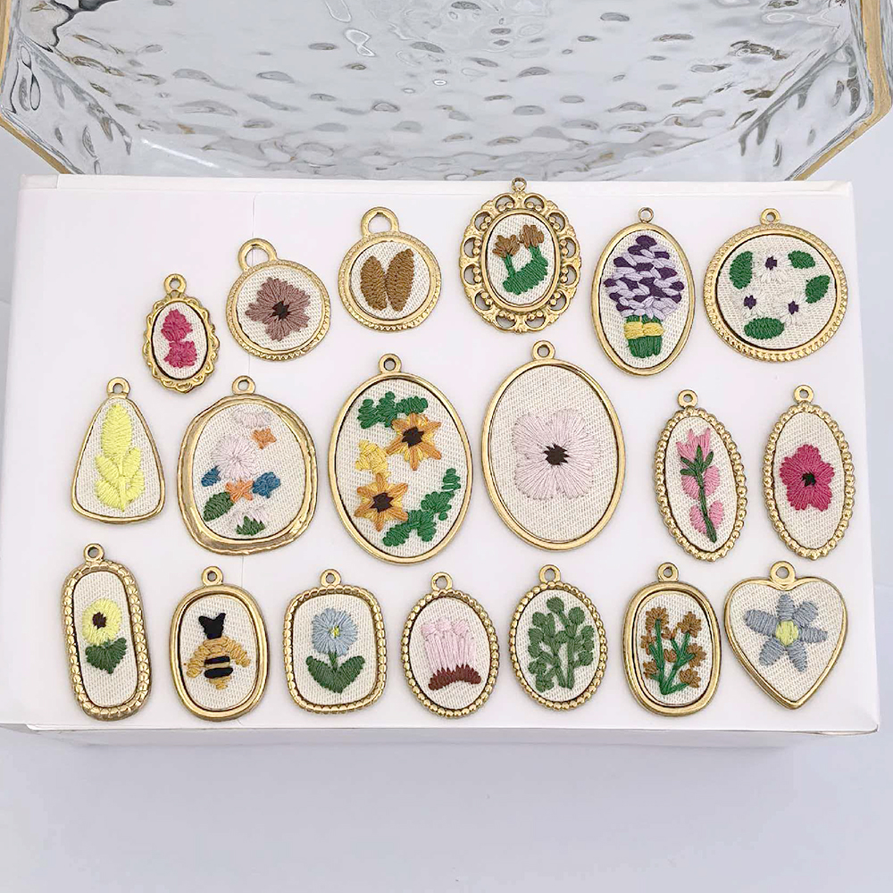 Large Small Pendant Necklace Earrings Charm Heart Bee Leaf Flower Garden Plant Knit Embroidery Patchwork Cloth Stainless Steel