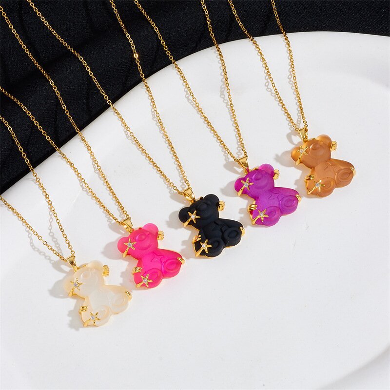 1 Pcs Ins Wind Star Copper Pendant Inlaid With Resin Candy Bear With Stainless Steel Chain Simple Necklace