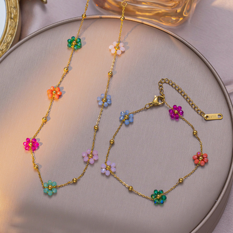 Handmade Stainless Steel Summer Sea Themed Necklace And Bracelet with Colorful Artificial Crystal Flowers Chain Jewelry