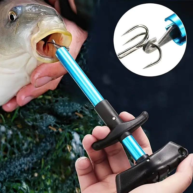 T-Shaped Fish Hook Remover - Aluminum Alloy Tool with Ergonomic Blue Handle, Durable Metallic Finish, Ideal Fishing