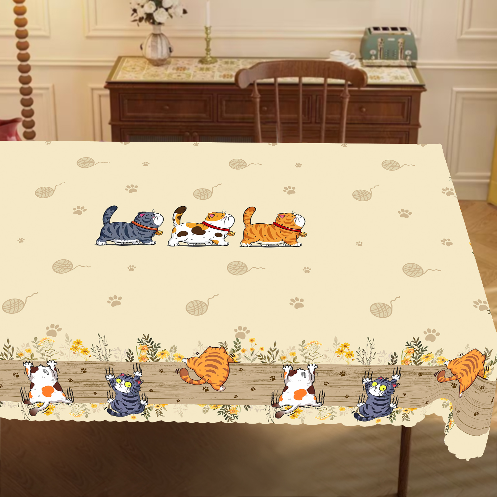 Cat themed Polyester tablecloths - Cute kitten and paw print designs, perfect for home kitchens, dining rooms, patios