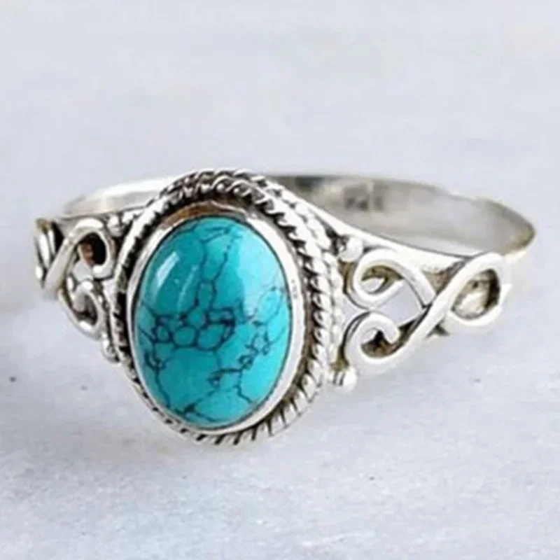 Fashion Retro Elegant Ring Natural Turquoise Ring Wedding Engagement Birthday Party Anniversary Commemorative Retro Elegant