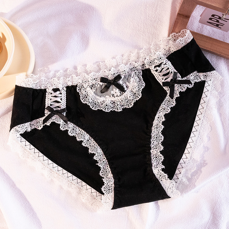 Japanese modal underwear black and white girl lace mid-waist underwear cotton cute women kawaii lingerie panties