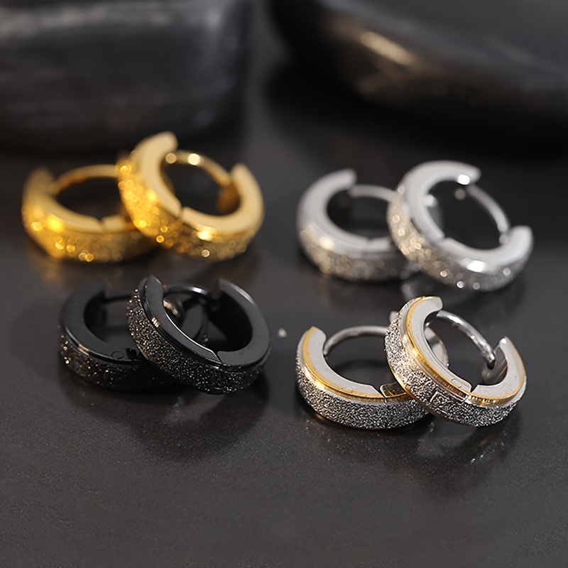 1 Pair Unisex Stylish Stainless Steel Frosted Punk Buckle Hoop Earrings for Men Women Daily Wear Eye-Catching Jewelry Accessory