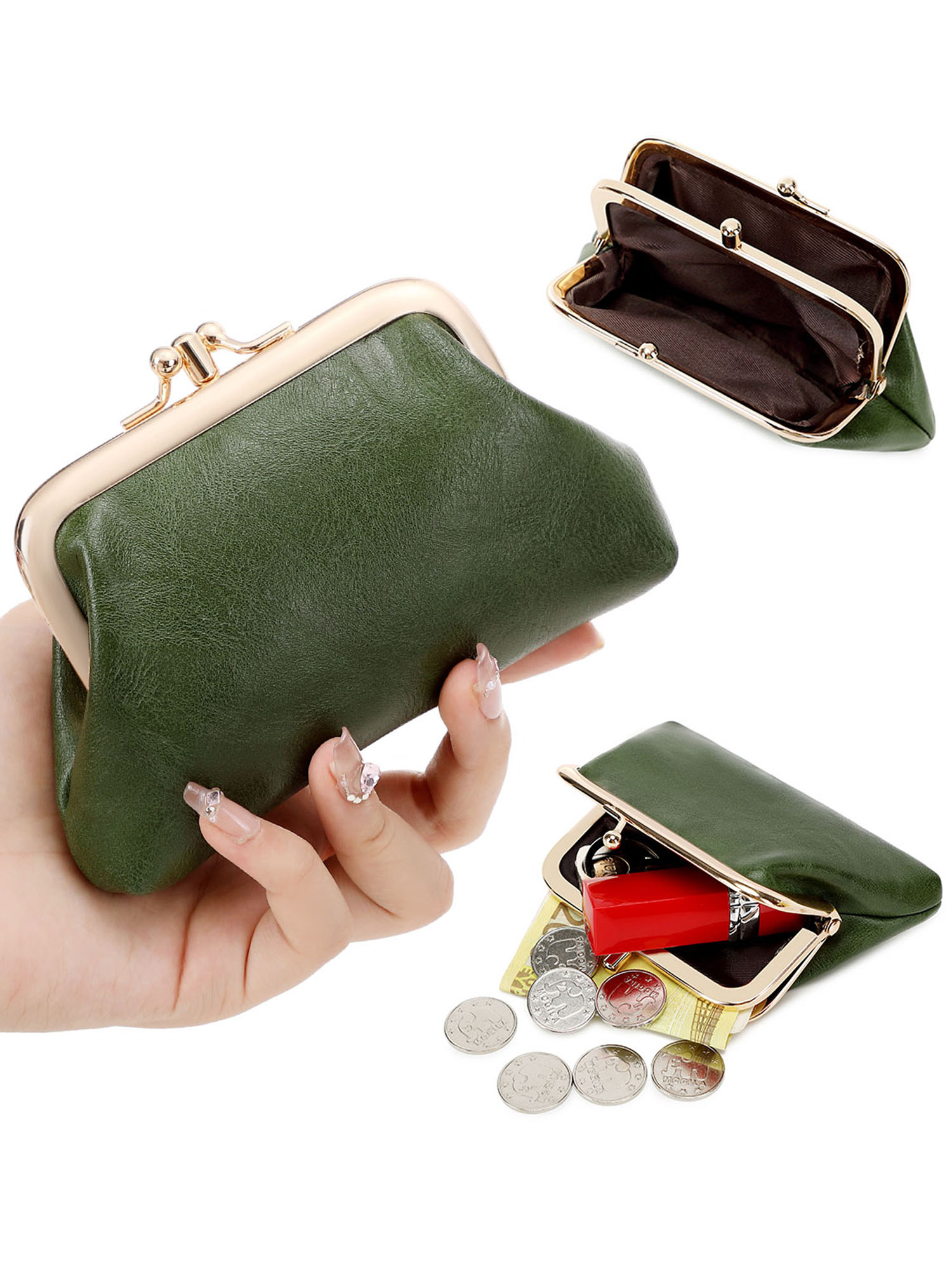 Vintage Solid Color Double Layer Clip Lock Women's Coin Purse Mini Cute Kiss Lock Small Wallet Portable Credit Cards Storage bag