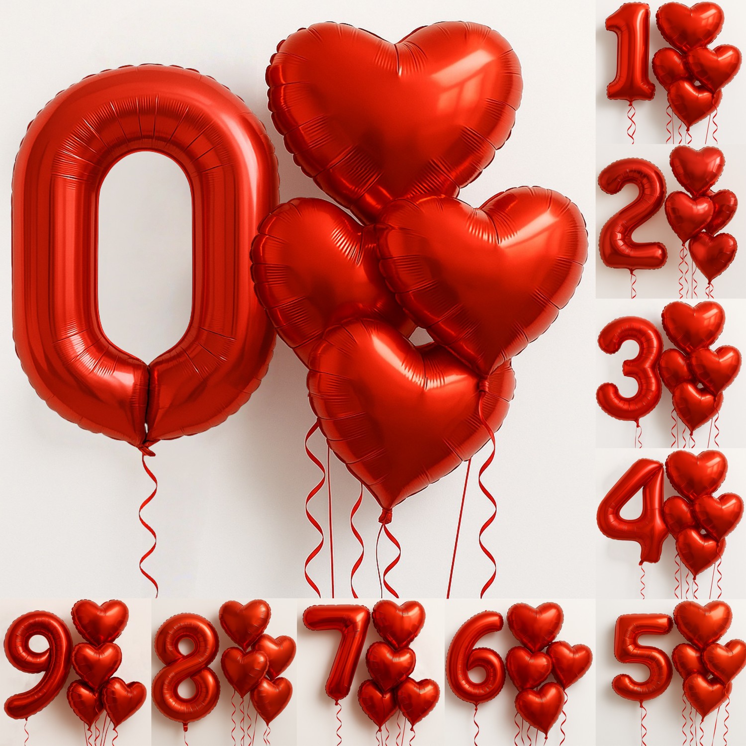 6Pcs/Set 32in Red Foil Number and 18in Heart Balloons Valentine's Day Birthday Party Decorations Anniversary Halloween