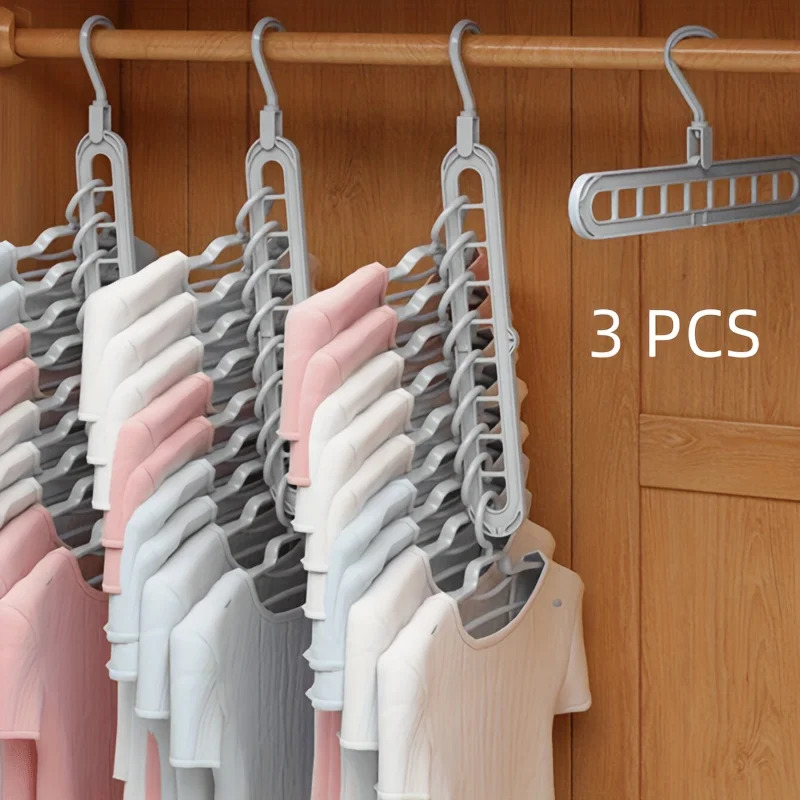 3pcs, Plastic 9-Hole Foldable Heavy Duty Space Saving Clothes Organizer Hangers, For Room, Closet, Wardrobe, Home & Dor