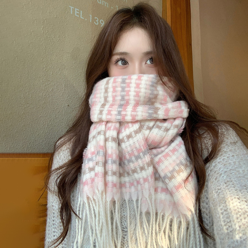 1pc 2025 Autumn And Winter New Scarf Women's Korean Style All-match Plaid Tassel Student Warm Neck Scarf