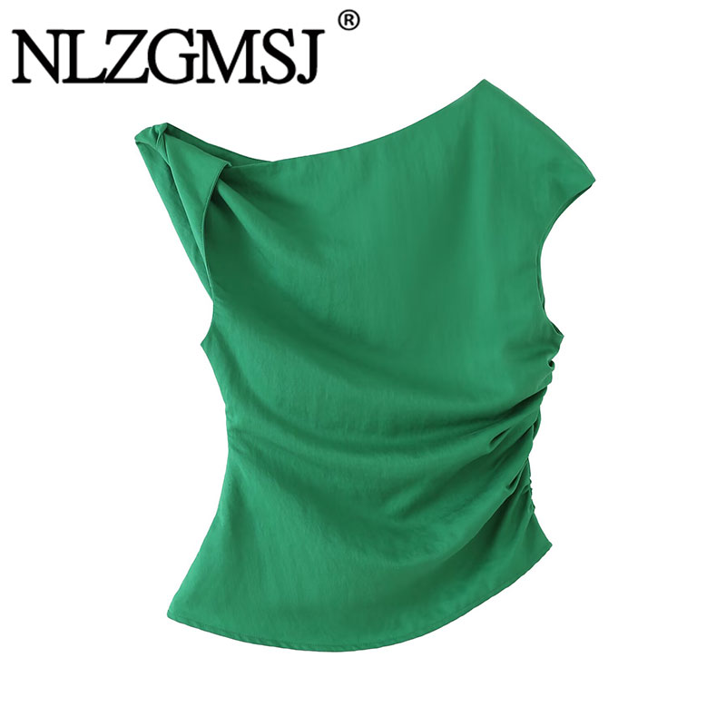 NLZGMSJ 2026 Summer New Green Ruched Tank Top - Women's Asymmetrical Neck Sleeveless Slim Fit Top