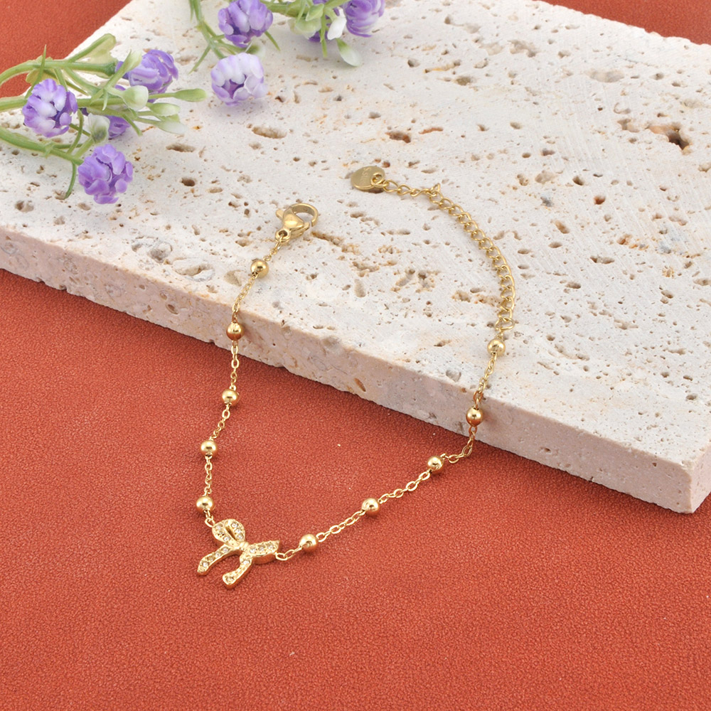 JeeMango 316L Stainless Steel Zircon Bowknot Pendant Bracelet for Women Girl Gold Plated Fashion Waterproof Daily Jewelry B25222