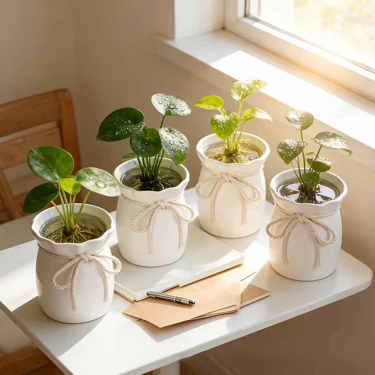 Small White Flower Pots with Jute Bow Soft Folded Fabric Look Mini Plastic Planter for Succulents Home Decor Windowsill Desk