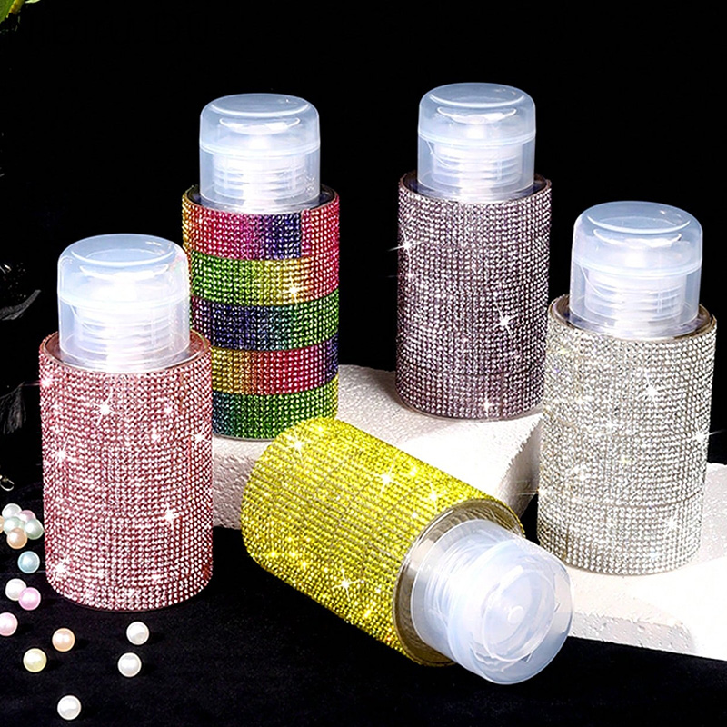 200ml Plastic Refillable Nail Polish Remover Storage Bottle, Rhinestone Decorated Cosmetic Dispenser For Toner Makeup Remover