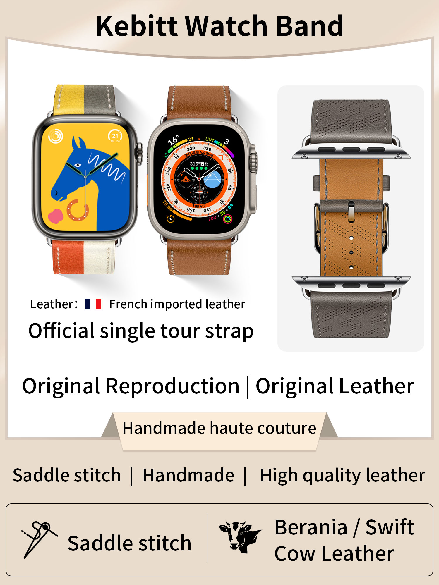Kebitt High Quality Swift Barenia Leather Single Tour Iwatch Band For Watch Ultra 1 2 10 9 8 7 6 Strap 42MM 46MM 49MM