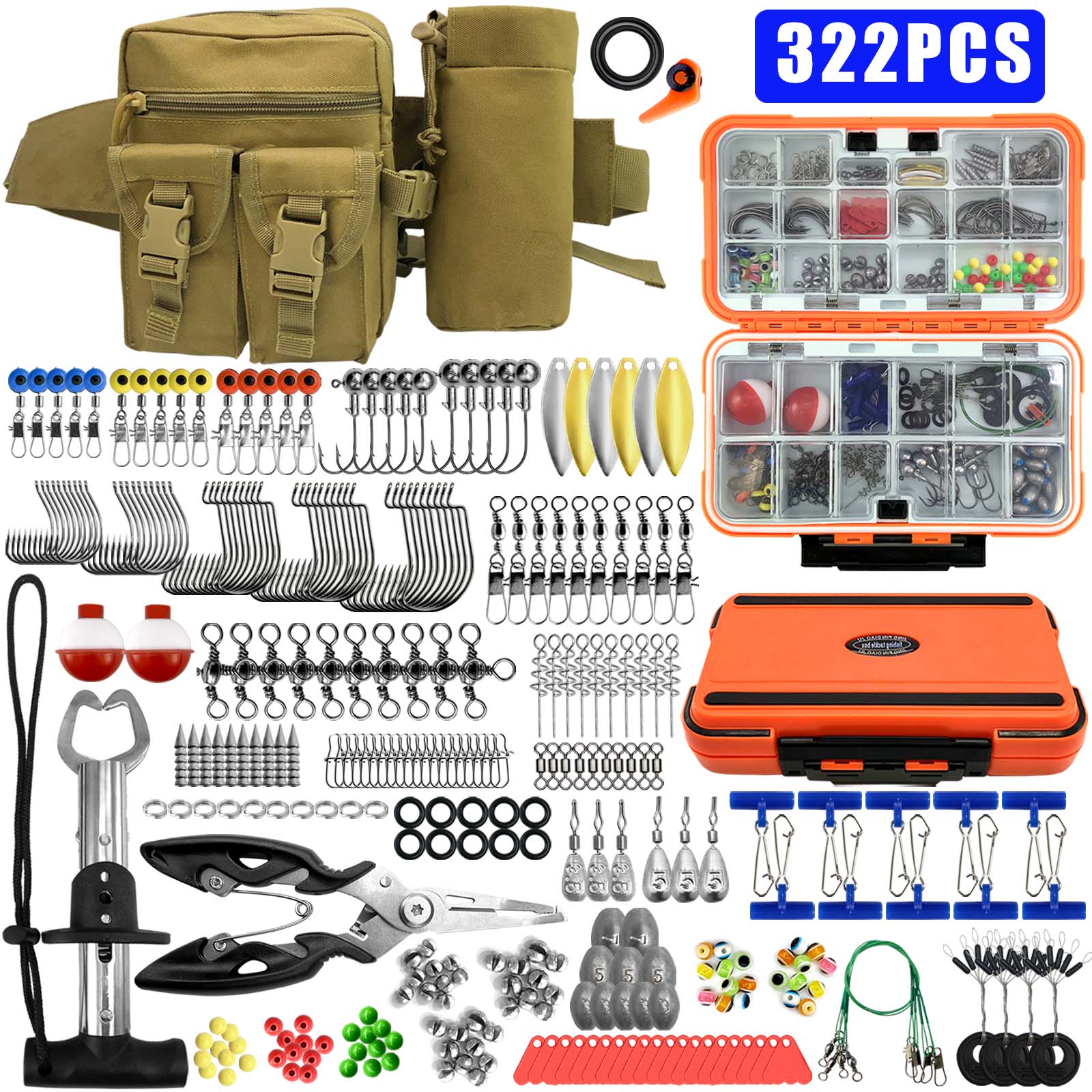 115/176/322Pcs of Fishing Lures with a Box, Including a Bumbag, Lead Pendants, Hooks, Fishing Tongs, Gear Buckles and Ot
