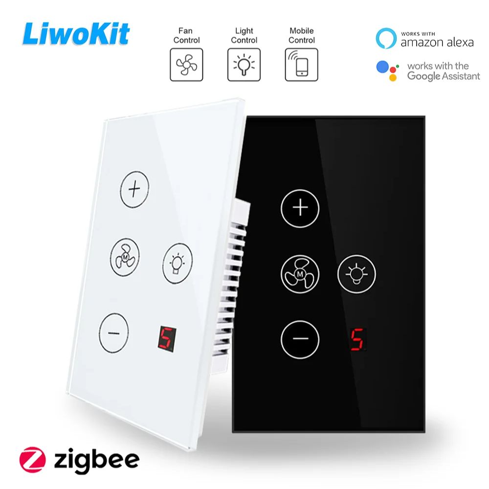 LiwoKit Zigbee Smart Fan Light Switch 5-level US Network Connection APP Control Alexa/ Assistant Voice lightify