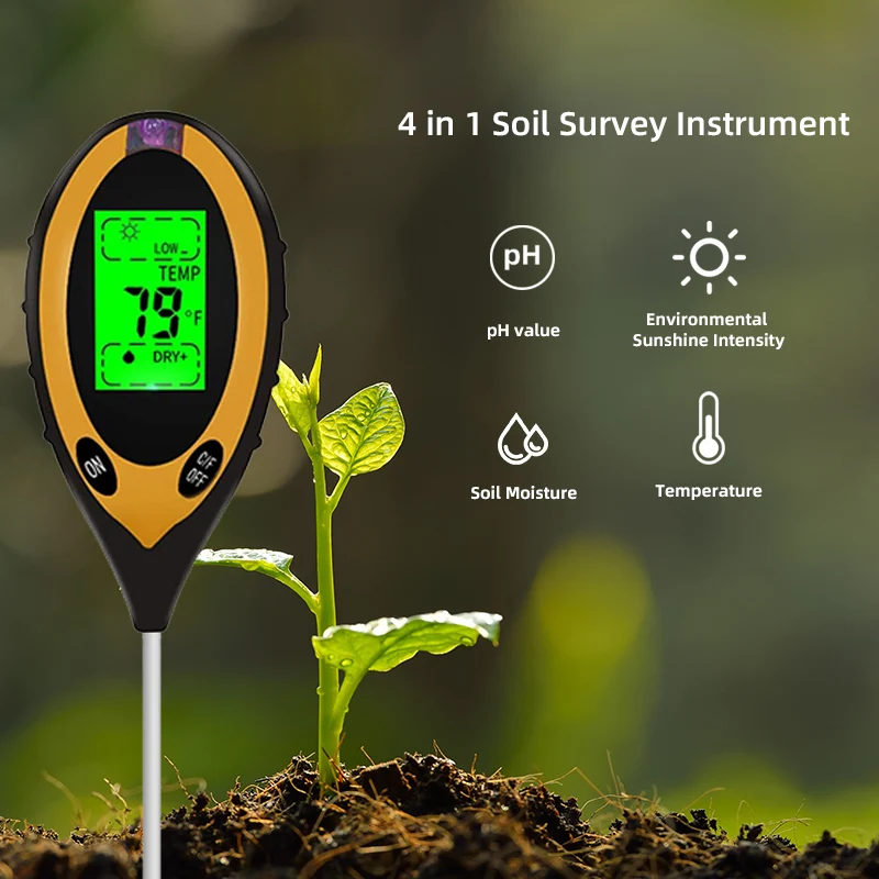 4 In 1 Digital Soil Tester, PH Meter, Soil Temperature, Light Temperature, Moisture Meter