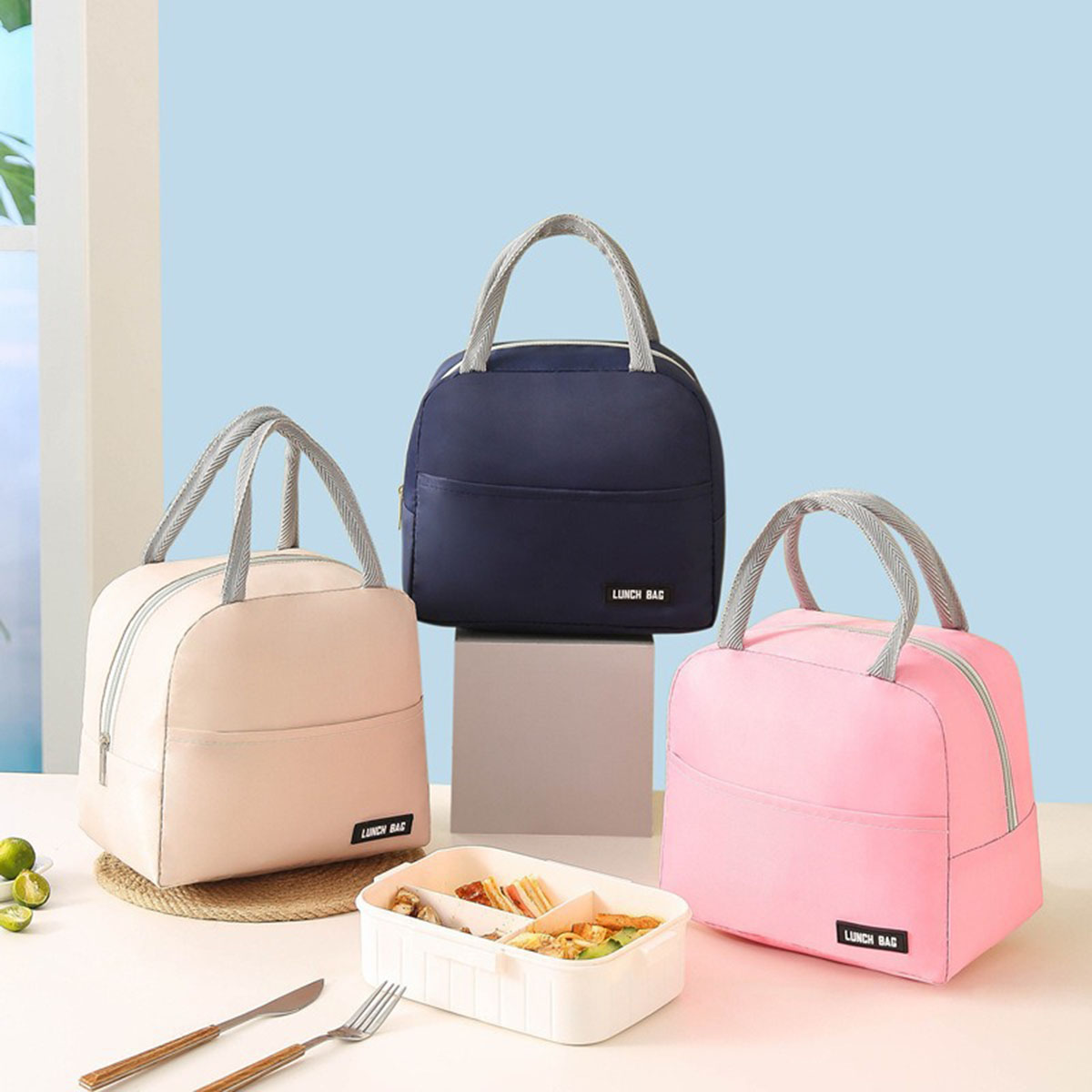 Pure Color Oxford Cloth Lunch Box Thermal Portable Insulation Bag Lunch Tiffin Box Meal Bag for Picnics And Work