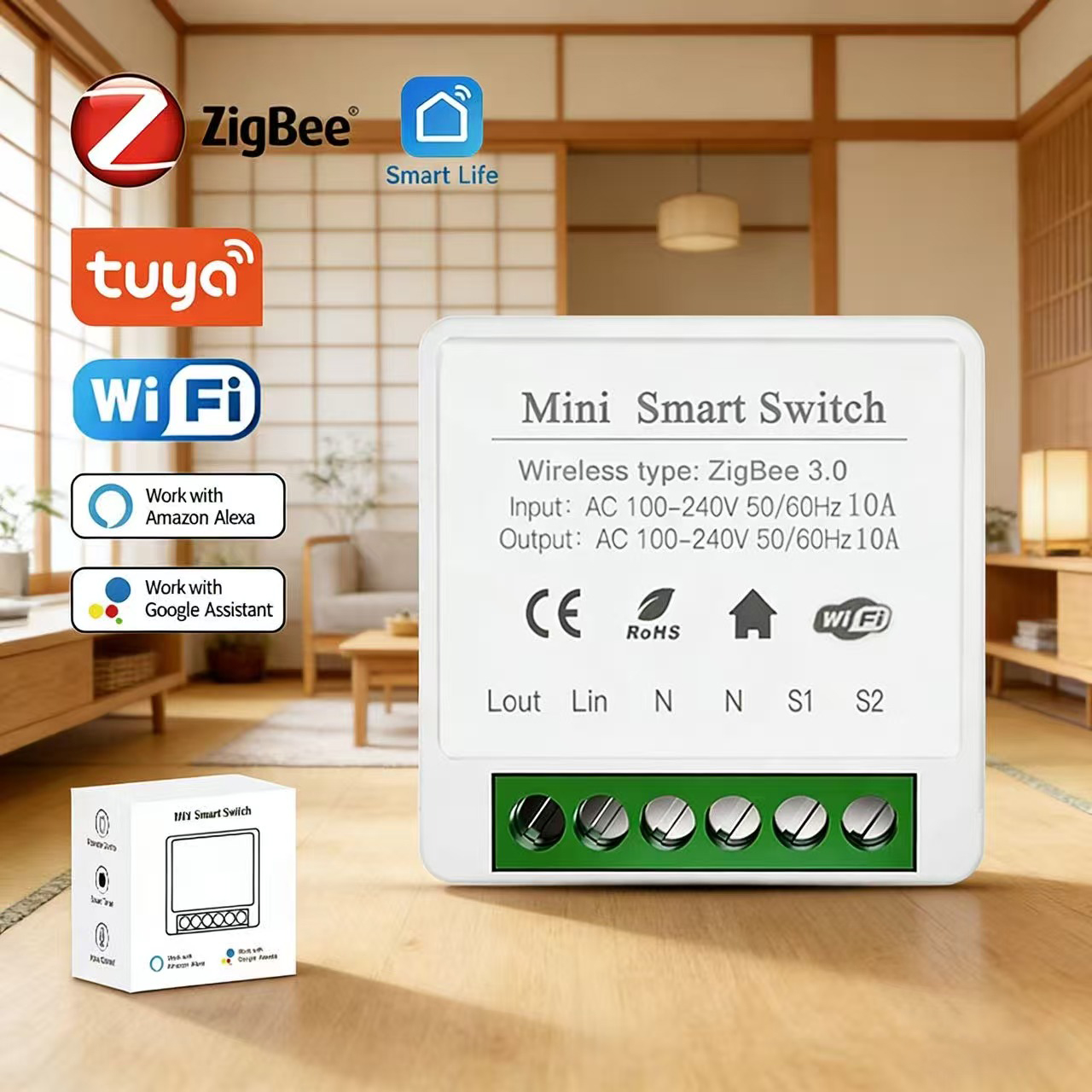 MOES Tuya Mini Smart Switch DIY Module WiFi Zigbee Light Switch 1/2 Gang APP Remote Control Work With Alexa Home
