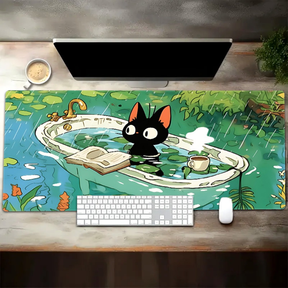 Cute Black Cat Jiji in Bathtub Large Gaming Mouse Pad XXL Extended Desk Mat Anime Studio Ghibli Decor for Office Home