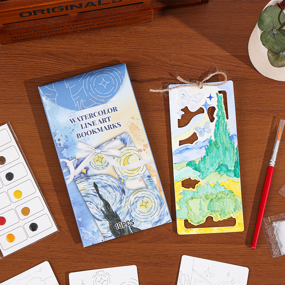 1 Set Van Gogh Painting Watercolor Bookmarks DIY Coloring Book Set For Stationary Creative Relaxation Floral Letter Designs