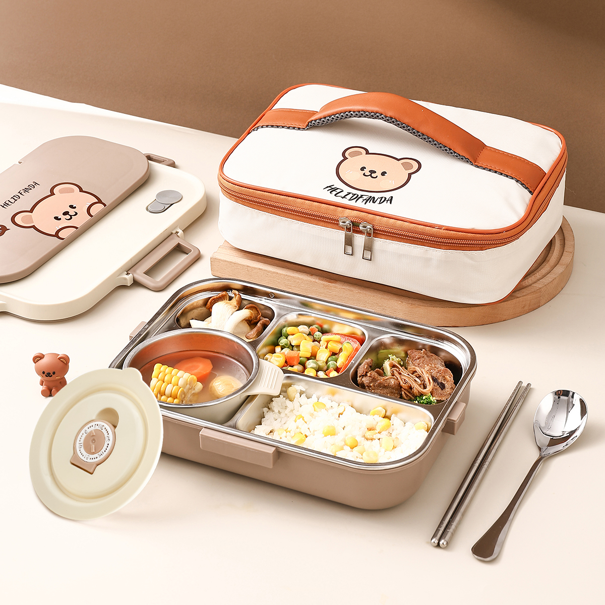 WORTHBUY 4 Grids 304 Stainless Steel Lunch Box With Cutlery&Bowl Portable Food Contianer for Hot and Cold Food For Student Kid