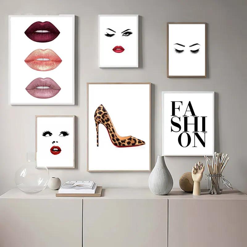 Chic Fashion Wall Art Canvas Eyelash Lips Leopard High Heels Poster Modern Aesthetic Decor for Girls Bedroom