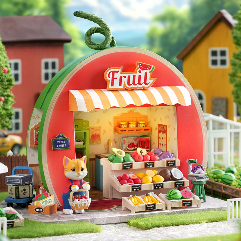 DIY Mini Cute Cat Fruit Shop Dollhouse Kit 3D Wooden Puzzle with LED Light and Furniture Handmade Mini House for Home Decor