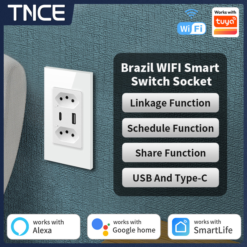 TNCE Brazil WiFi Smart Wall Socket with Type-C USB Port individual Control,Tuya Smart Outlet Plug,Work for Alexa Home