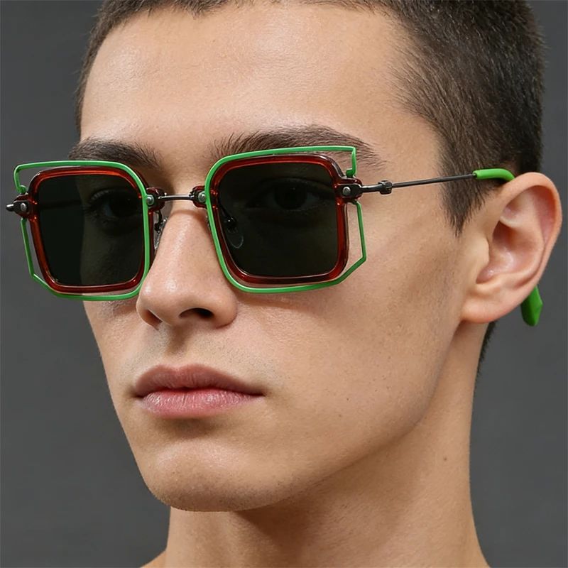 2026 New Fashion Square Sunglasses Women Men Retro Double Frame Green Brown Contrast Color Shades UV400 Protection Unisex Street