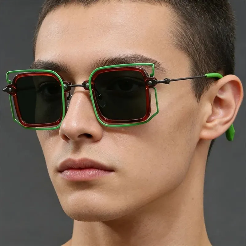 2026 New Fashion Square Sunglasses Women Men Retro Double Frame Green Brown Contrast Color Shades UV400 Protection Unisex Street