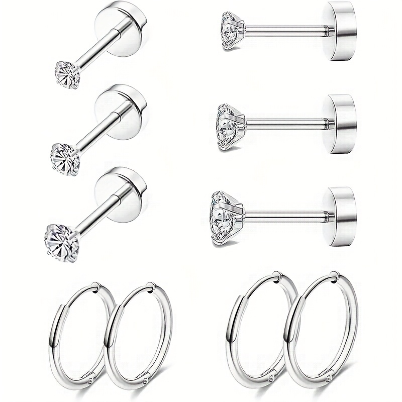 7 Pairs Flat Back Stud Earrings for Women, Surgical Stainless Steel Earrings, Cubic Zirconia Cartilage Earring(2/3/4/5/6/7/8mm)