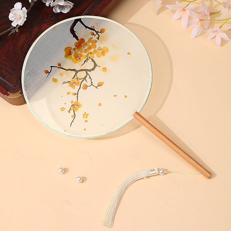 Vintage Round Printed Fan Chinese Dance Summer Classical Cheongsam Costume Court Hanfu Women's Tassel Hand Fan