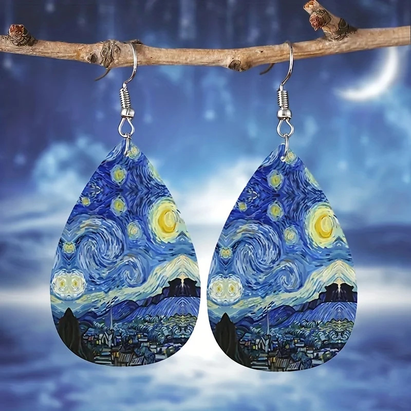 1pcs wooden retro art Van Gogh art oil painting starry sky pattern earrings, simple design sense ladies student earrings gift