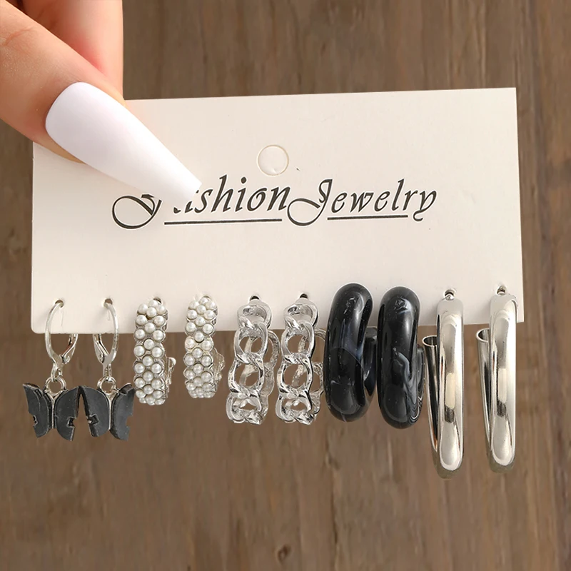 New Silver Color Acrylic Pearl Hoop Earrings Set Boho Butterfly Twist Hollow Dangle Earring for Women Girls Trendy Jewerly Gifts Bles Online DZ-9B-04
