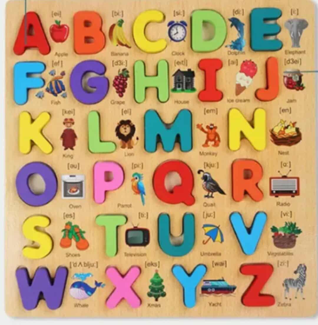 Colorful Wooden Capital English Alphabets (ABCD) Learning & Educational Puzzle Block Board, Montessori Toy for Baby