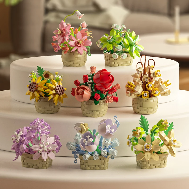 DIY MOC Potted Rose Sunflower Plants Succulents Bonsai Tree Gardens Romantic Building Blocks Model Bricks Kid Sets Kits Toy Girl
