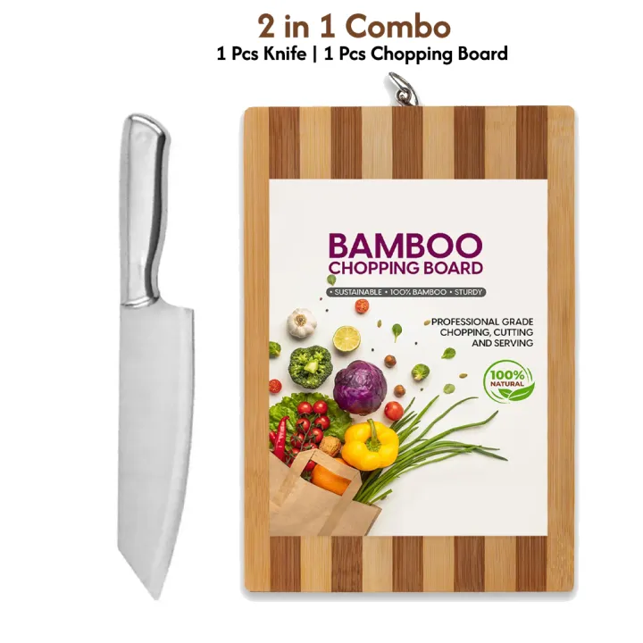 2-in-1 Combo: Stainless Steel Kitchen Knife & Wooden Chopping Board | Multipurpose Non-Slip Cutting Board for Vegetables & Fruits | Kitchen Accessories