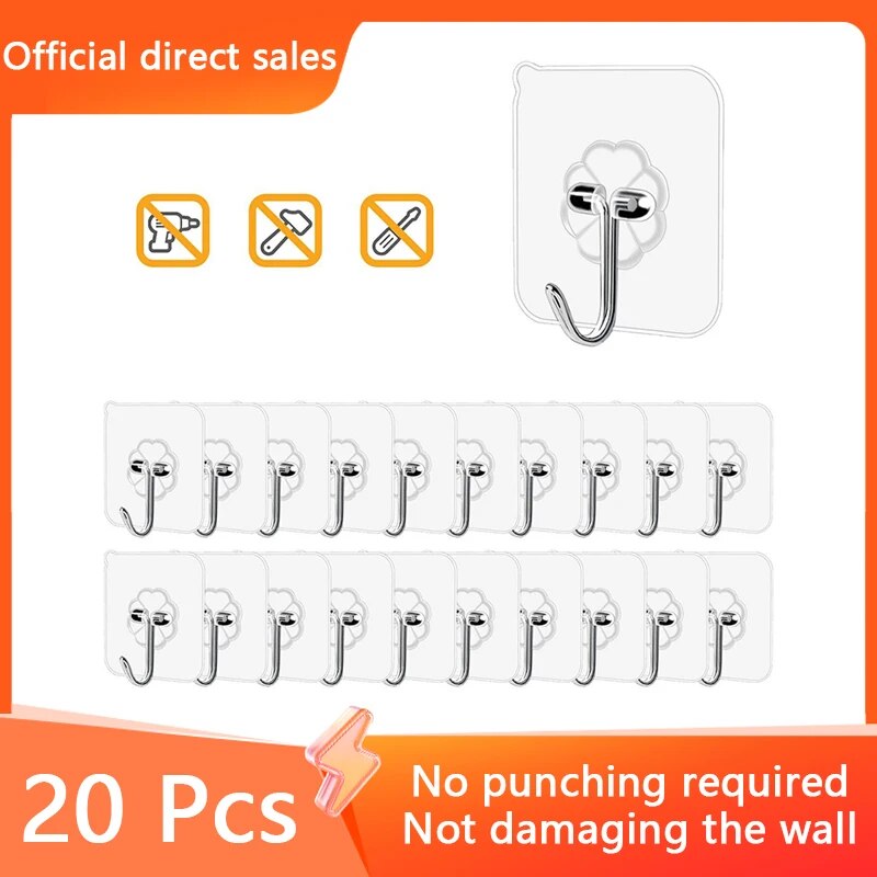 20 Pcs Transparent Stainless Steel Strong Self-adhesive Hooks Bathroom Towel Clothes Storage Sticky Hooks Key Pendant Storages pen gpt