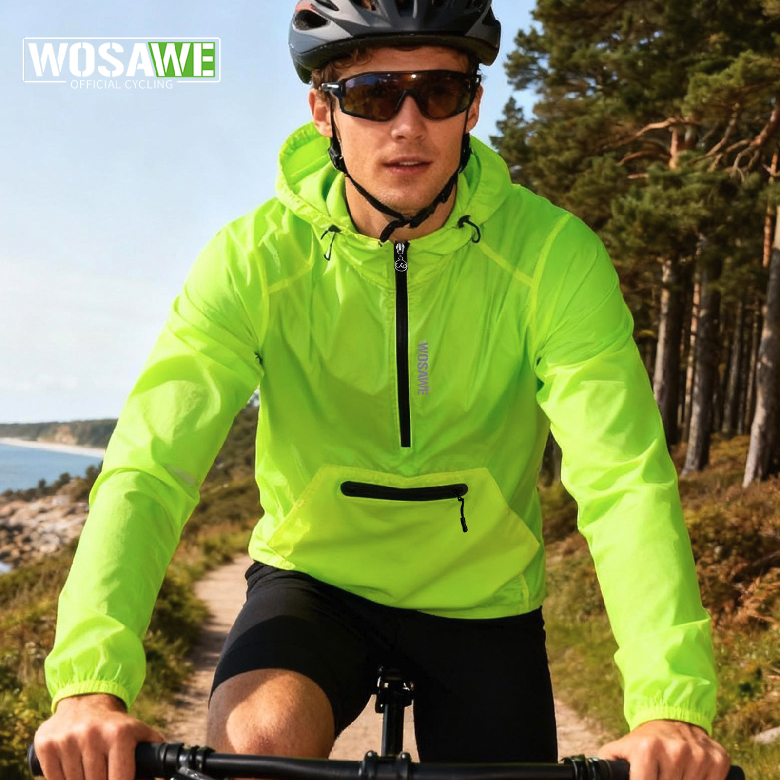 WOSAWE Cycling Windproof Jacket Hooded Lightweight Men Reflective Bike Jacket Half Zipper Windbreaker