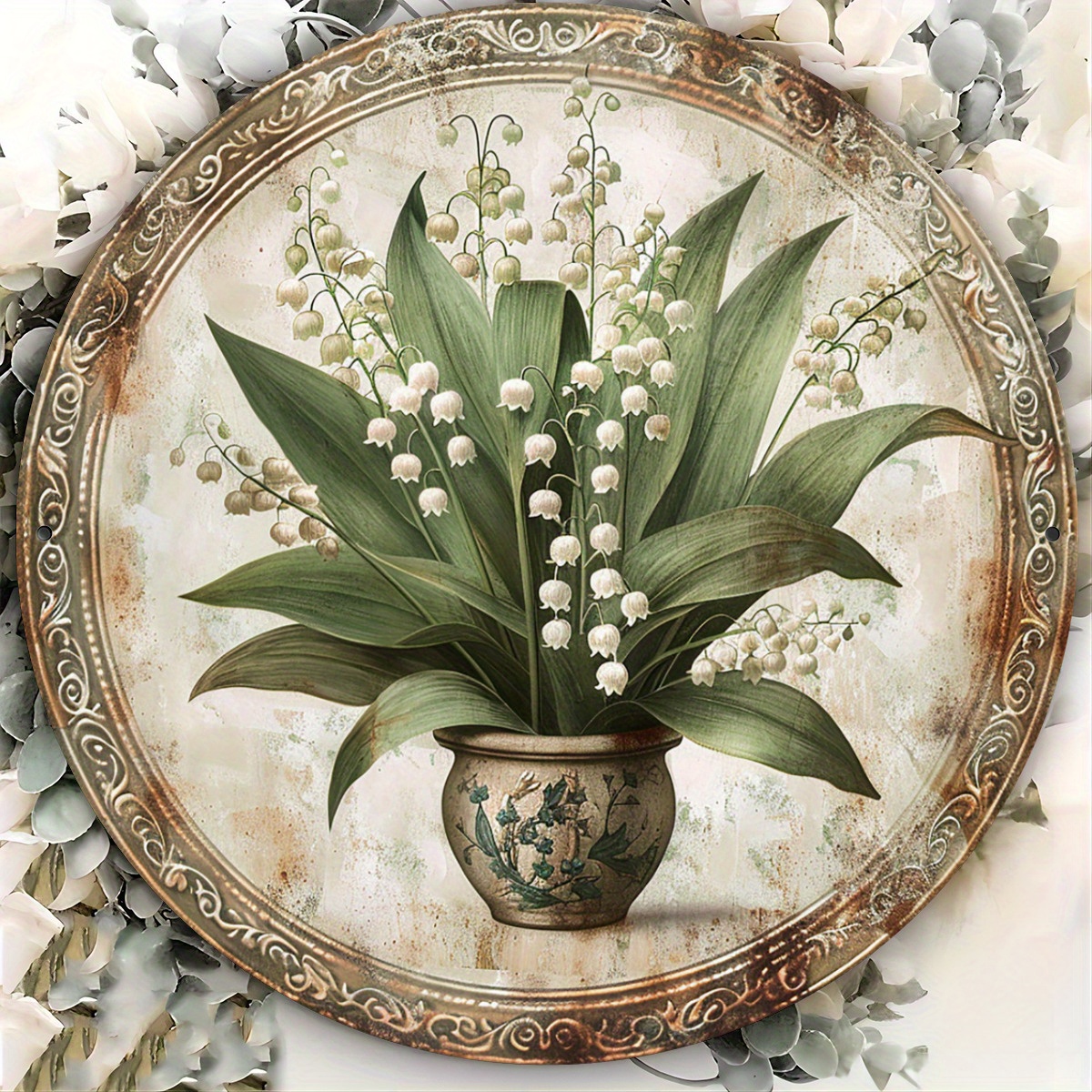 [Rustic Wall Sign] Vintage Rustic 1pc Classic Lily of the Valley Aluminum Wall Sign, 8x8 inch | Waterproof Metal Decor for Home,