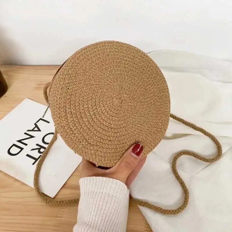 Round Cake Woven Crossbody Bag Round Simple Travel Satchel Women's Shoulder Bag Career Bag Straw Bag Kids Mini Shoulder Bag