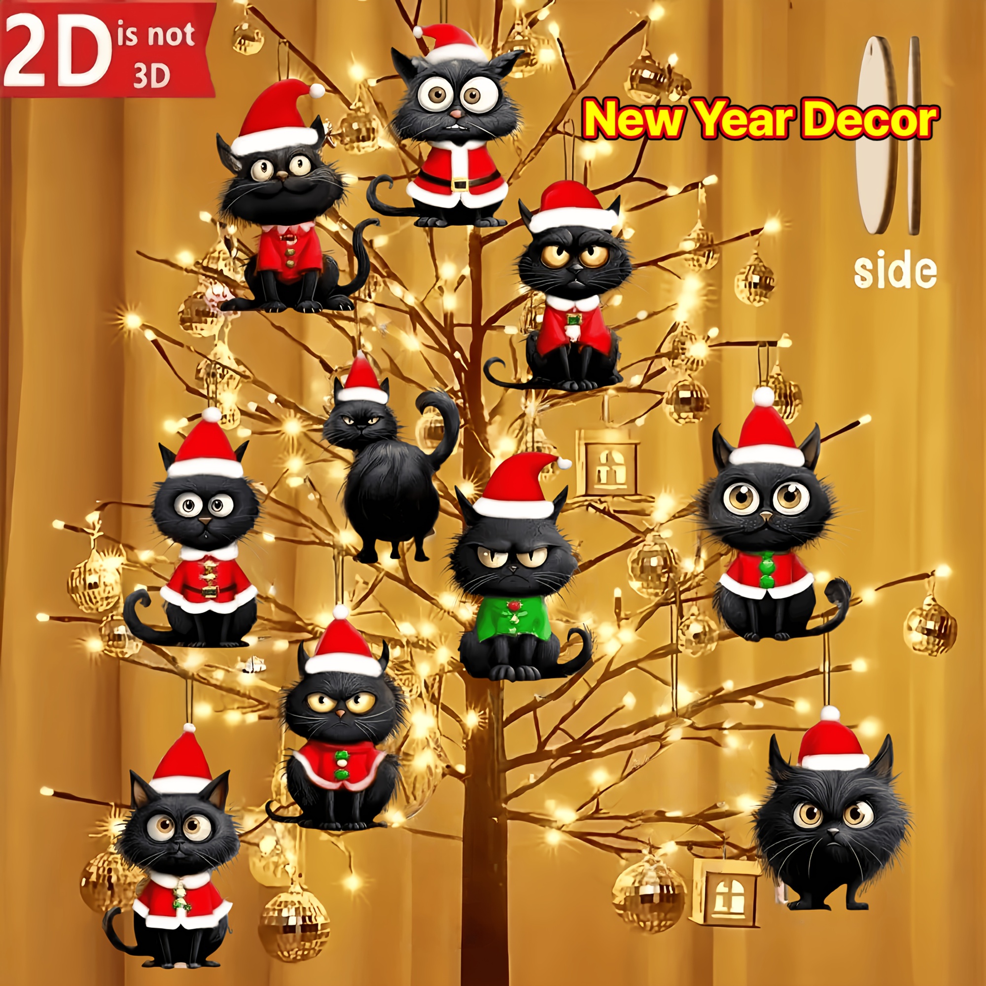 10pcs 2D Flat Cute Christmas Black Cat Wooden Ornaments Wearing Various Christmas Themed Party Decoration Festive New Year Decor