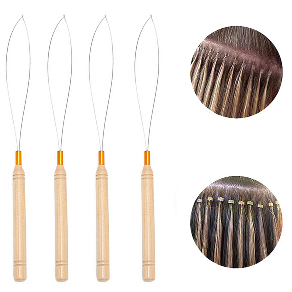 1pcs Hair Extension Hook Pulling Tool Crochet Hook Loop Needle Threader Micro Rings Beads Loop Wooden Handle With Iron Wire