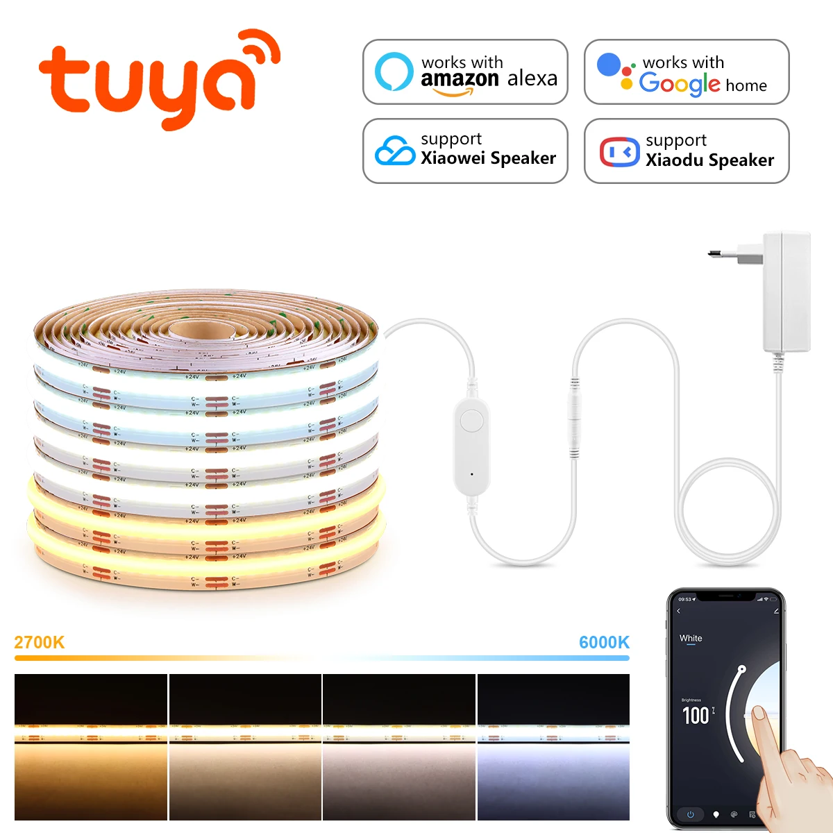 Tuya Smart COB LED Strip DC24V 3M/5M Adjustable 2700K-6500K Dimmable CCT Light Strip for Alexa/ Home Works with SmartLife lightify