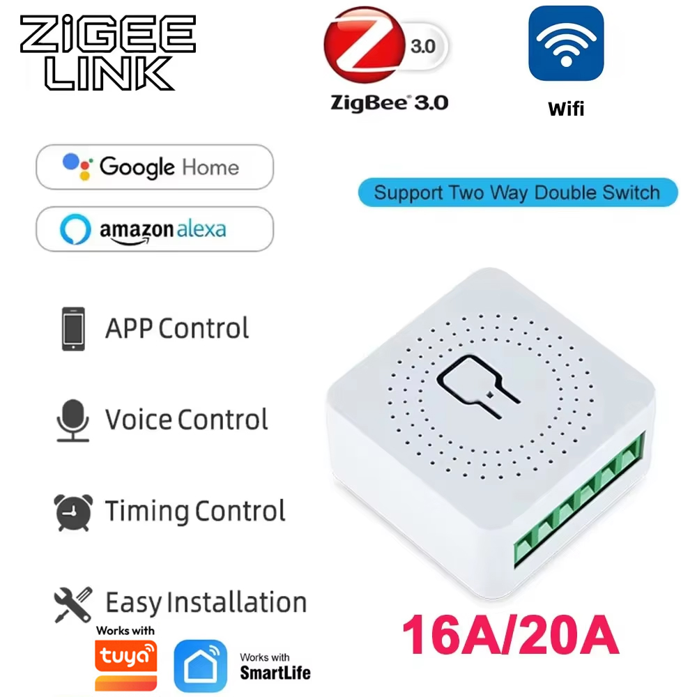 ZigBee or WiFi Smart Switch Module 16A/20A Mini Relay Breaker Smart Home Automation Works with Tuya Alexa