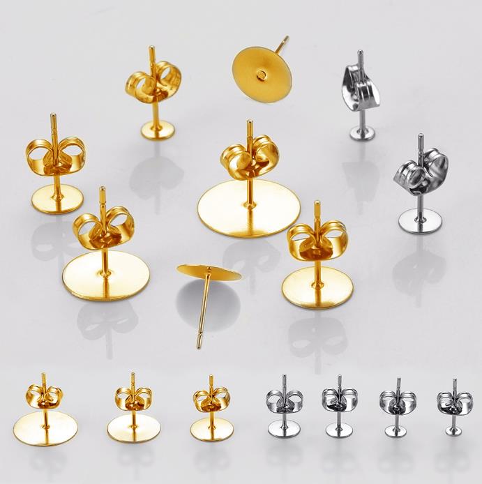 100pcs Gold Stainless Steel 3-8mm Flat Head Stud Earrings DIY Round Earring Blanks Ear Pin Bases Jewelry Making Earring Backs